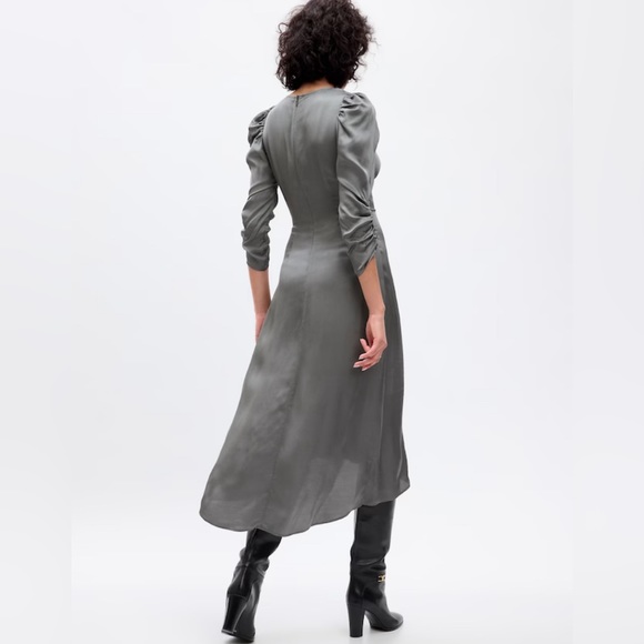 GAP NWT Women's Ruched Satin Midi Dress - New Shadow Grey - Picture 3 of 6